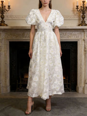 Elegant V Neck Print Puff Sleeve Cinched Waist Maxi Dress