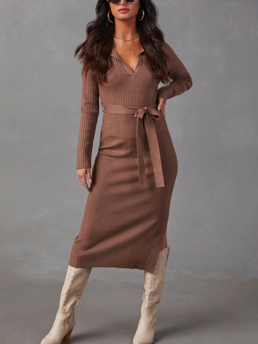 Fashion Hollow Out V Neck Ribbed Knit Midi Dress