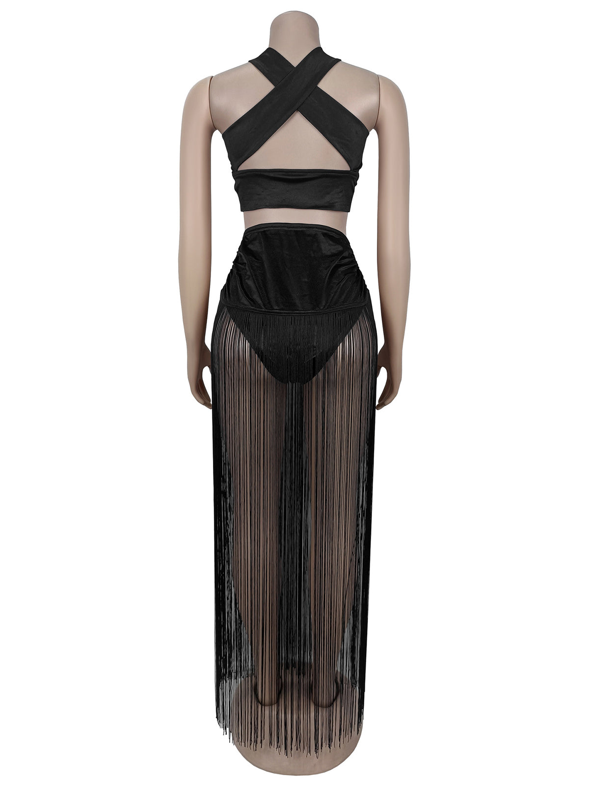 Sexy Crop Tube Top Fringe Maxi Skirt Two Piece Set