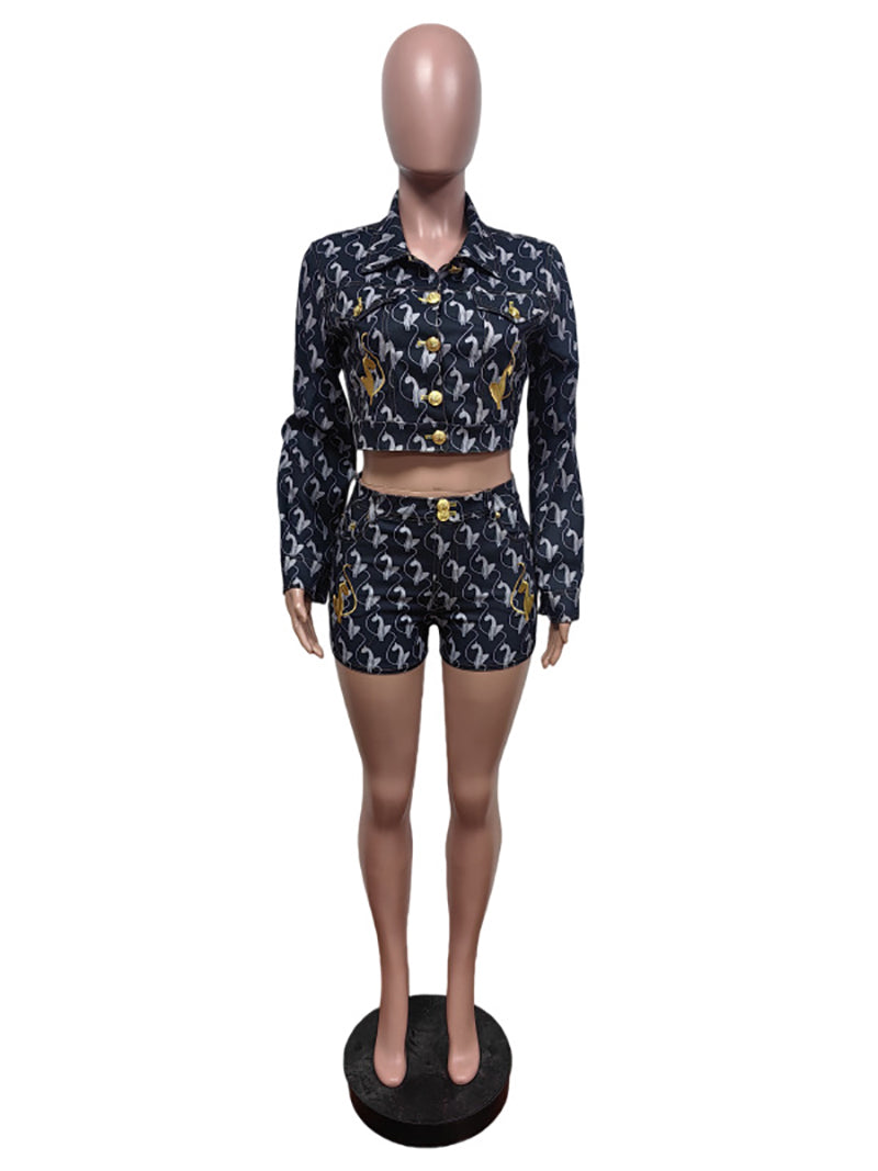 Fashion Print Embroidered Crop Shirt And Shorts Sets