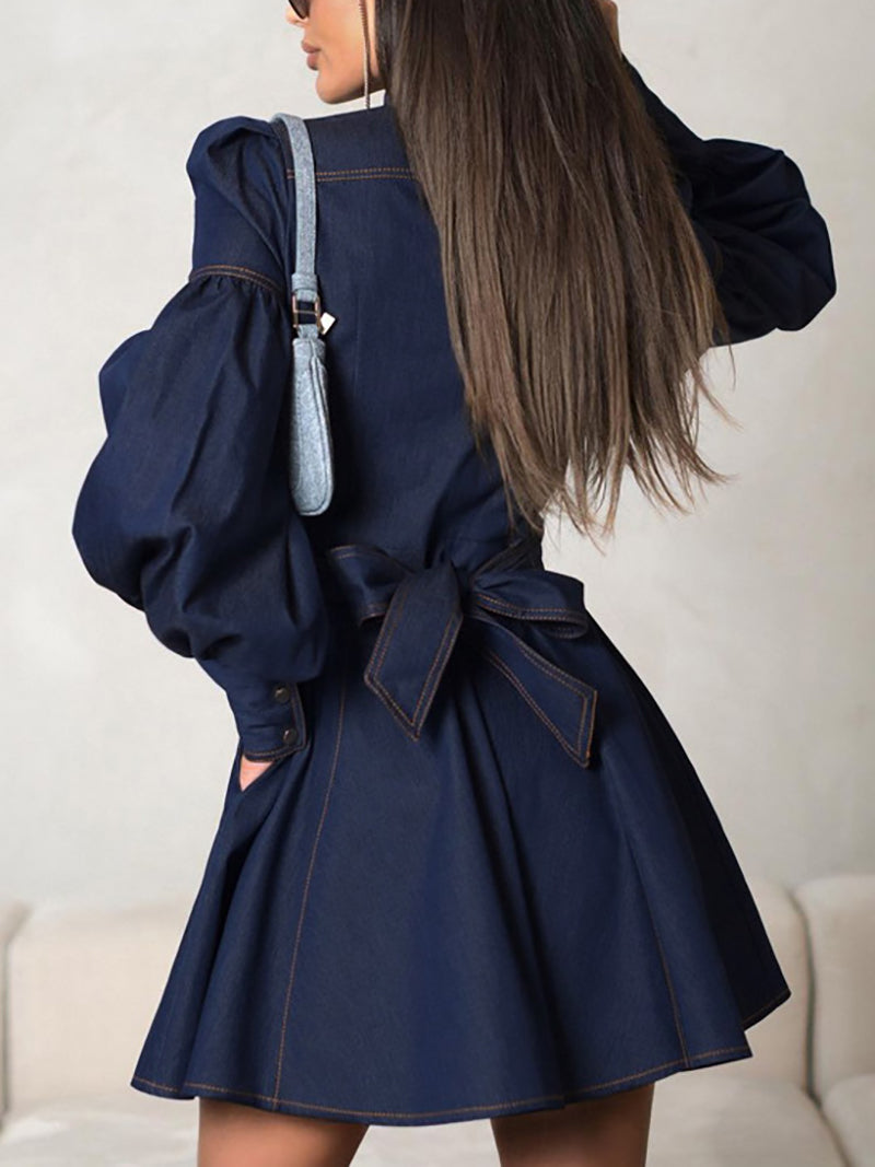 Fashion Lantern Sleeve Denim Mini Dress