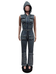 Hooded Sleeveless Pocket Casual Cargo Jumpsuit