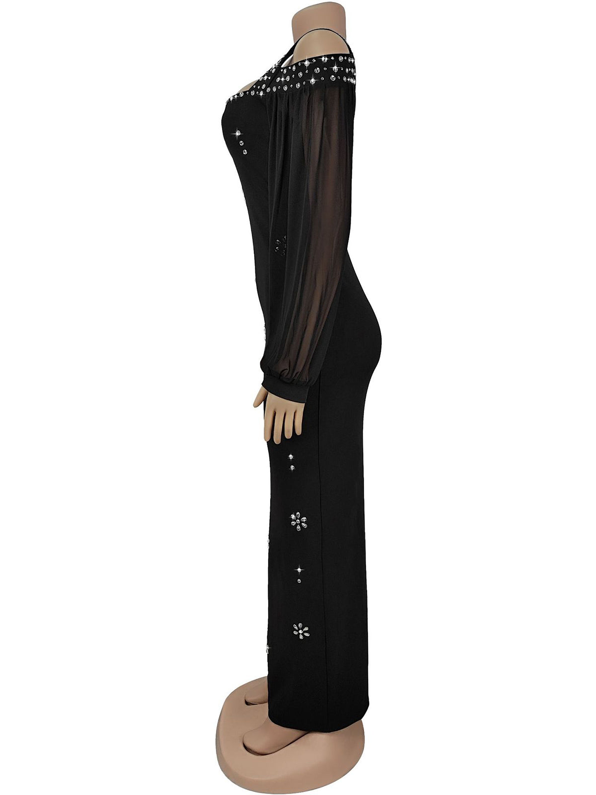 Elegant Rhinestone Square Neck Mesh Slim Maxi Dress