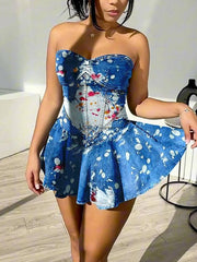 Strapless Print Elasticity Ruffle Denim Dress
