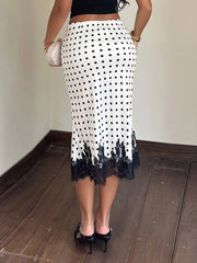 Casual Lace Patchwork Polka-Dot Print Midi Skirt