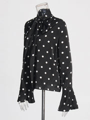 Bow Lace-Up Neck Mesh Long Sleeve Polka Dot Print Top