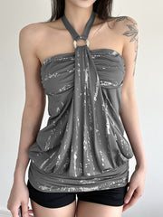 Fashion Print O Ring Ruched Halter Top
