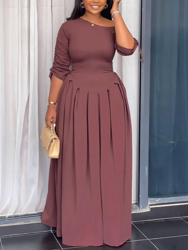 Slash Shoulder Pleated Long Sleeve Maxi Dress