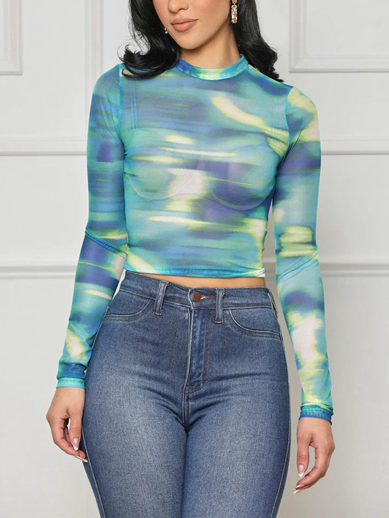 Print See-Though Mesh Long Sleeve Crop Top