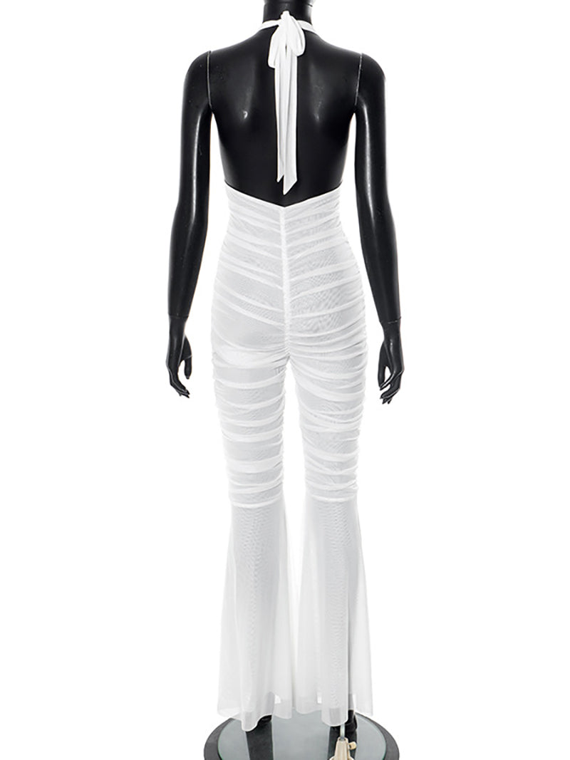 Sexy Deep V Ruffle Sheer Mesh Flare Jumpsuit