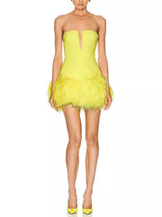 Fashion Deep V Strapless Feather Hip-wrapped Mini Dress