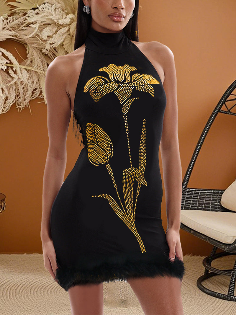 Sexy Rhinestones Halter Fur Trim Slim Mini Dress