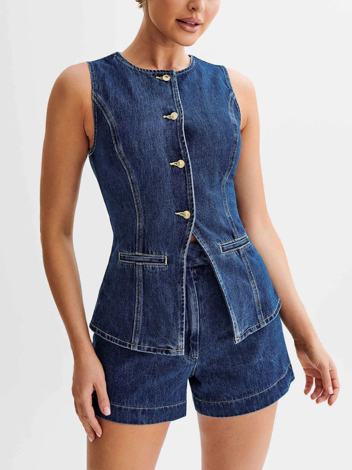 Casual Sleeveless High Waist Two Piece Denim Shorts Set