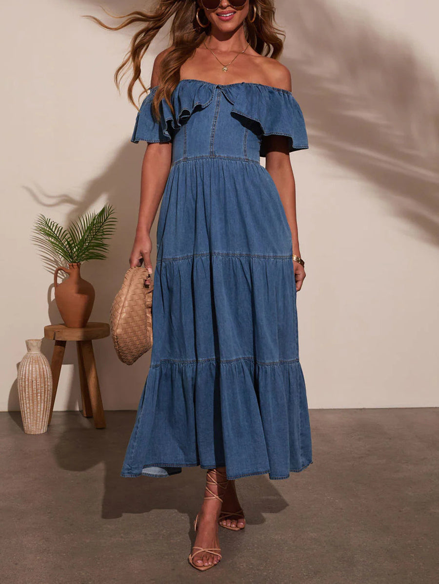 Off Shoulder Ruffle Tiered Casual Denim Dress
