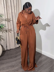 Casual V-Neck Drawstring Wide Leg Jumpsuit