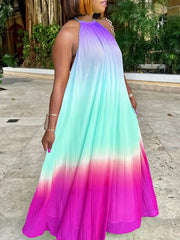 Sexy Gradient Color Halter Pleated Loose Dress