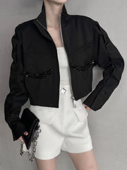 Stand Collar Ruched Puff Sleeve Casual Jacket