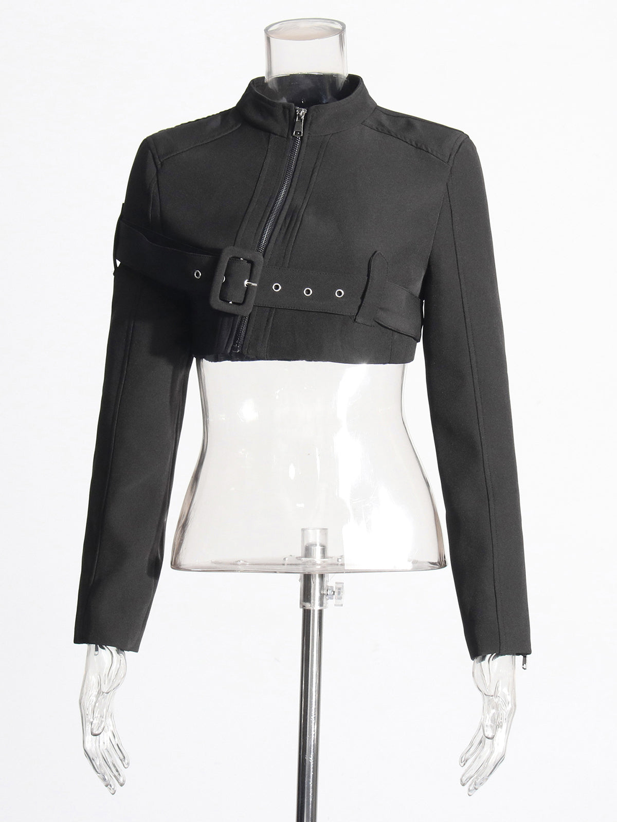 Fashion Band Collar Plain Belted Crop Zip Jacket