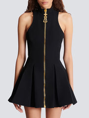 Fashion Sleeveless Zip-up Pleated Mini Dress