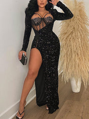 Sexy Sequin High Slit Maxi Dress Lace Bodysuit Set