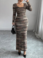 Fashion Colorblock Striped Bodycon Split Hem Maxi Dress