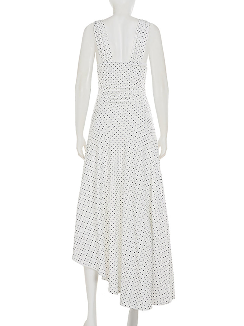 V neck Sleeveless Polka Dot Vacation Maxi Dress