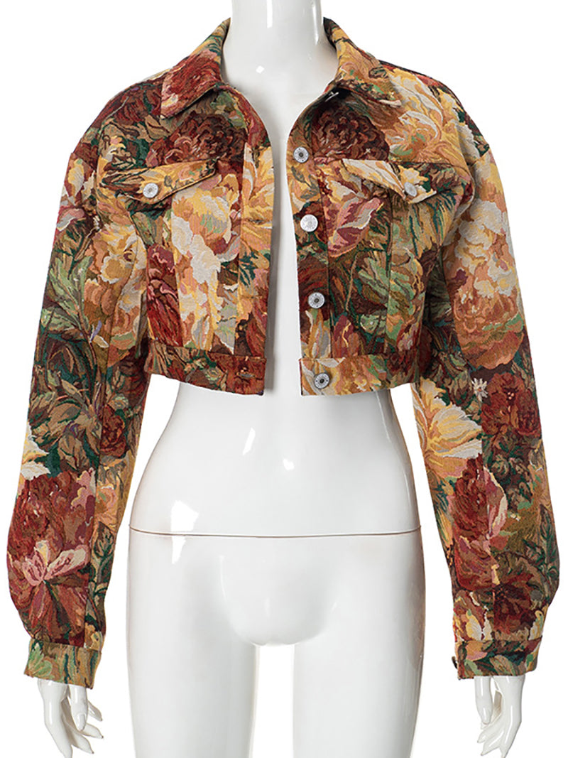 Fashion Vintage Jacquard Button Cropped Jacket