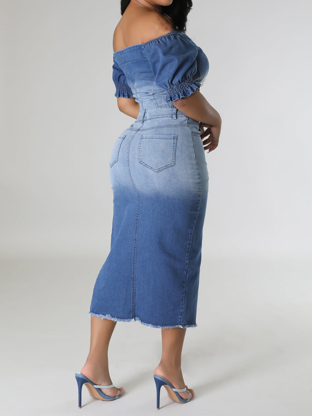 Casual Elastic Gradient Color Denim Skirt