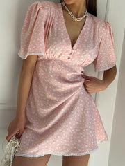 Casual V Neck Print Puff Sleeve High Waist Mini Dress