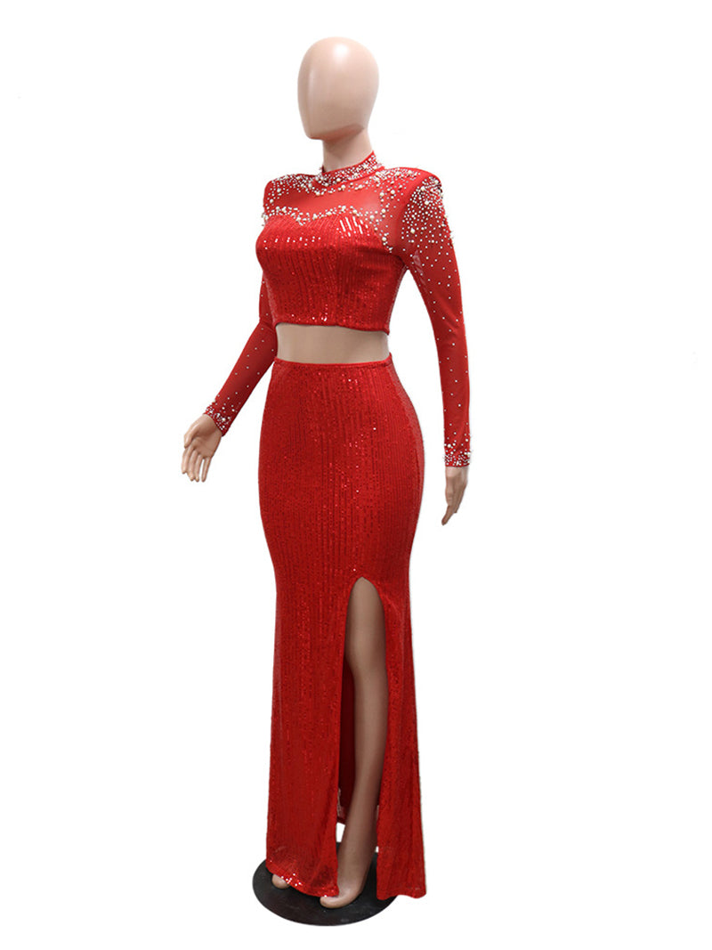 Sequin Sheer Mesh Slit Long Skirts Sets