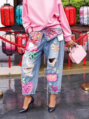 Fashion High Waist Rhinestone Print Ripped Jeans