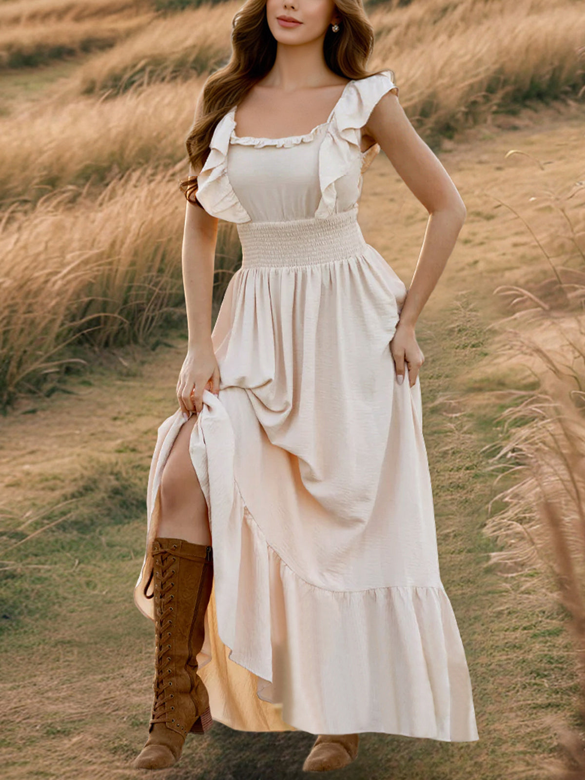 Fashion Off Shoulder Cinched Waist Ruffle Maxi Dress