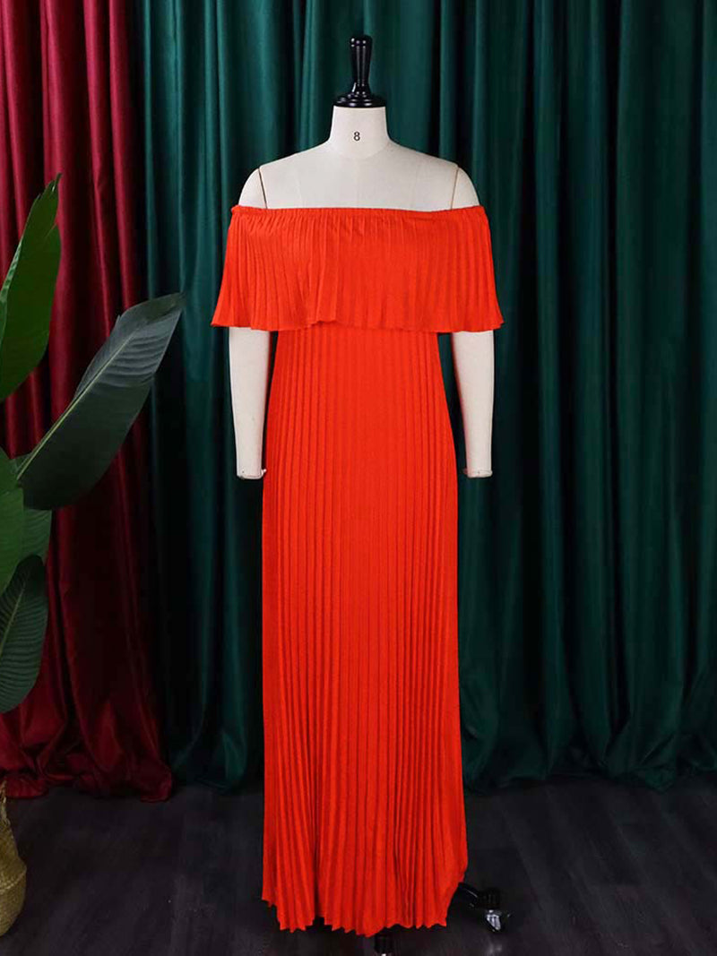 Elegant Solid Color Pleated Off Shoulder Long Dress