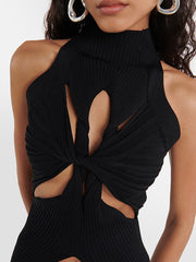 High Collar Cut out KnitTank Top