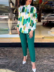 Elegant Print Long Sleeve Shirt And Pants Sets