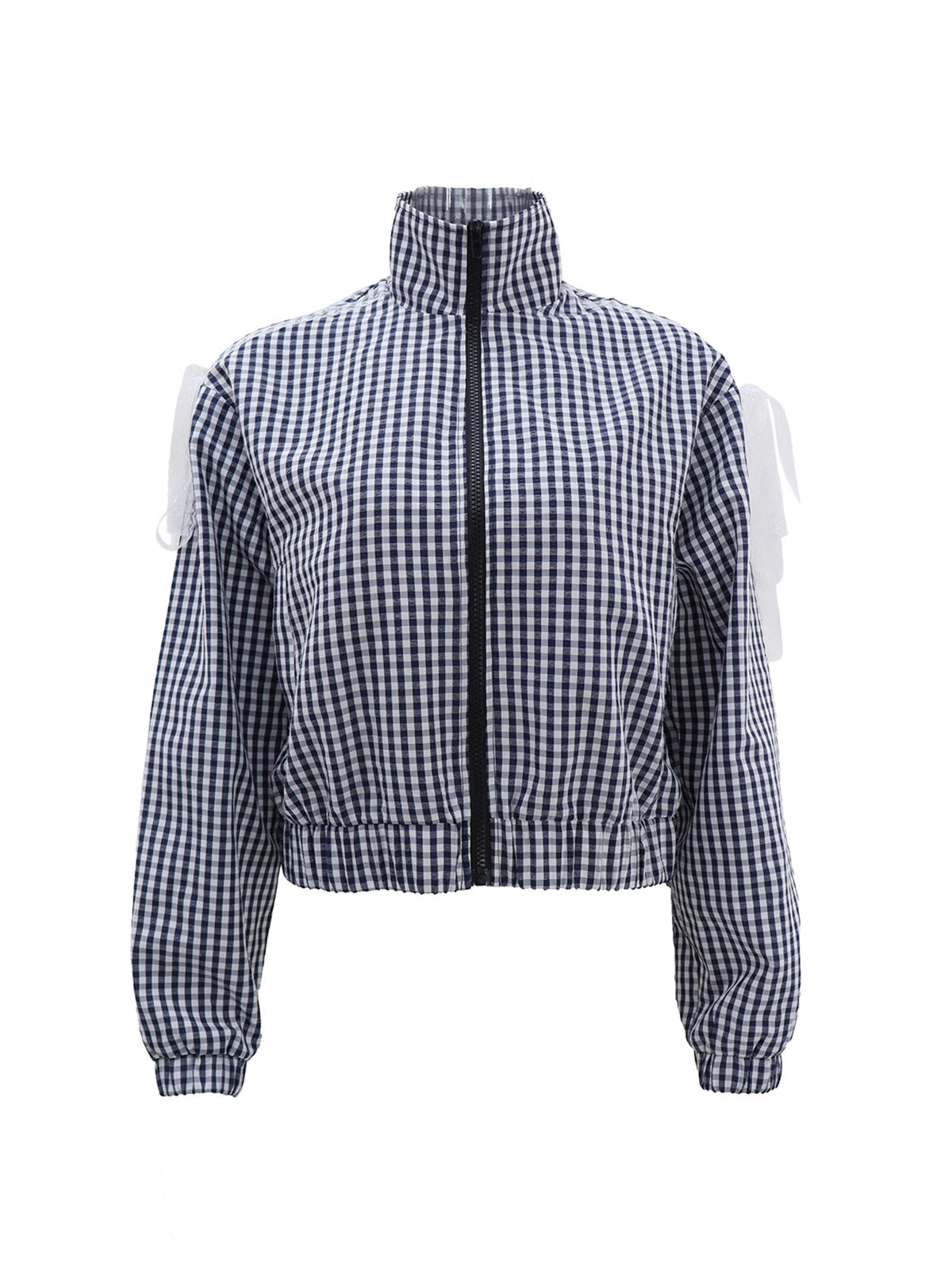 Casual Lace Bow Embellishment Plaid Zip Shirt Top