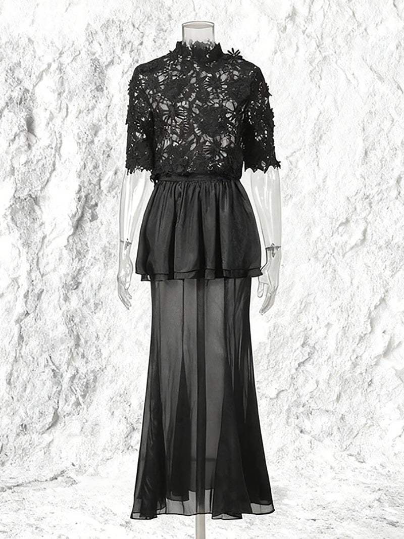 Elegant Hollow Embroidered Tops Organza Maxi Skirt Sets
