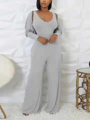 Ribbed Jumpsuit Long Sleeve Cardigan Set