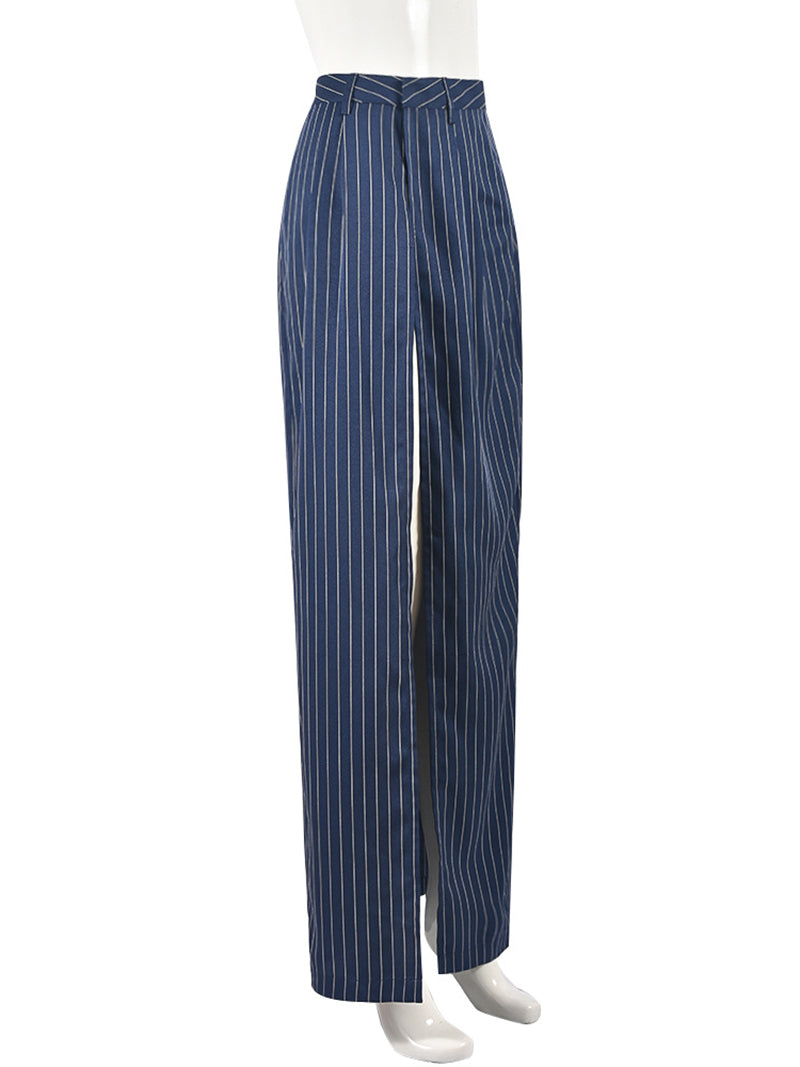 Striped Back Waist Side Silt Cotton Maxi Skirt