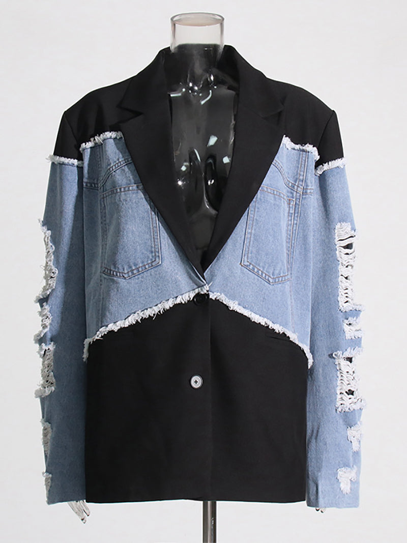 Retro Denim Patchwork Blazer Coat