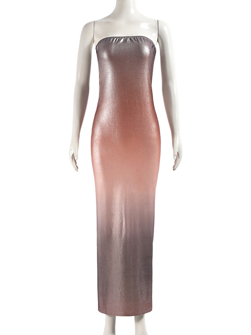 Strapless Gradient Sleeveless Shiny Slim Maxi Dress