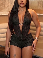 Sexy Lace Halter Neck Backless Shorts Two-Piece Set