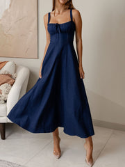 Elegant Sleeveless Lace-up Denim Suspenders Dress