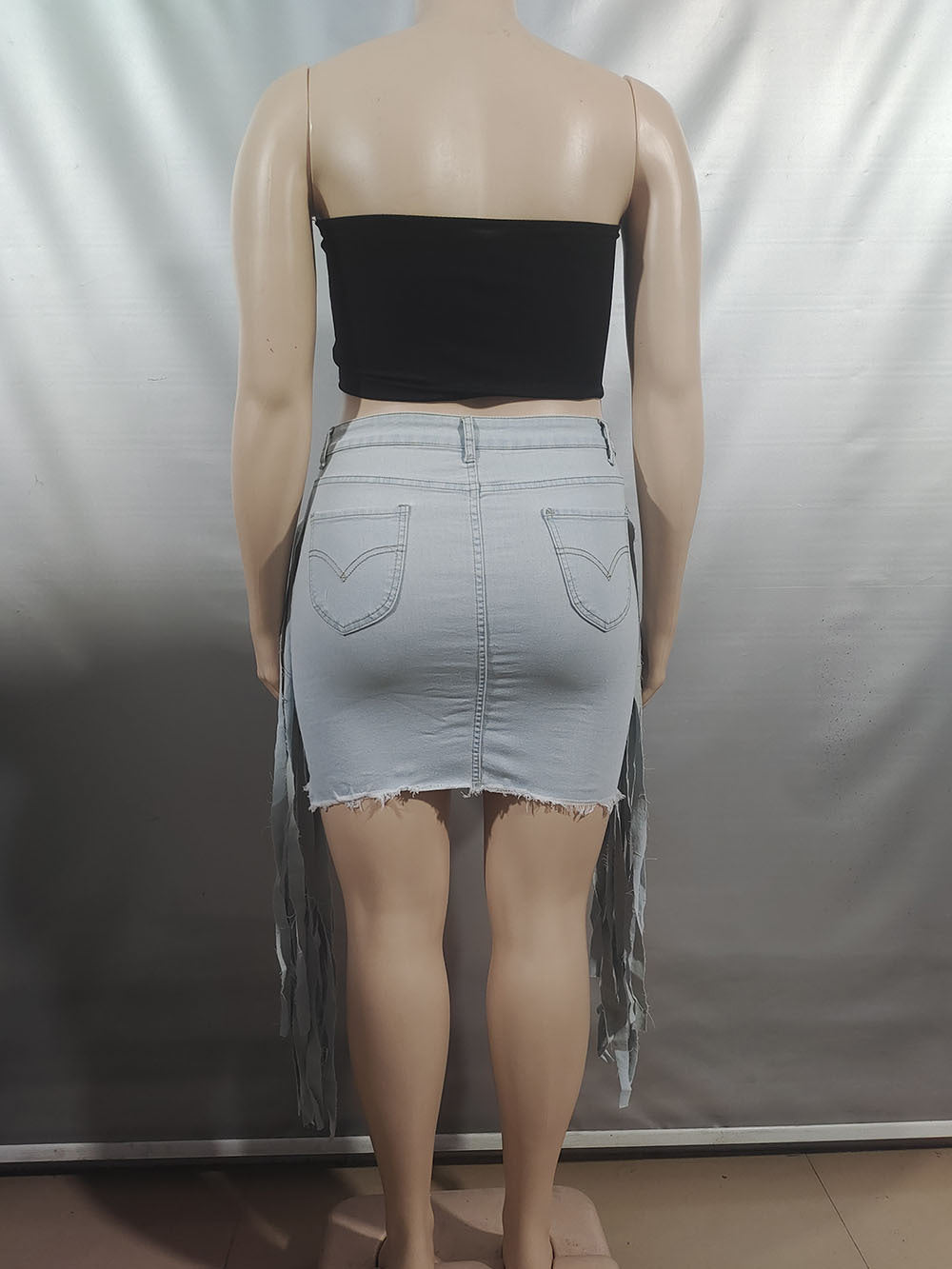 Sexy Denim Washed Ripped Tassel Skirt