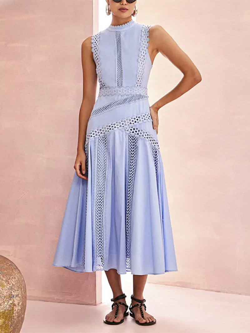 Elegant Lace Patchwork Sleeveless Midi Dress
