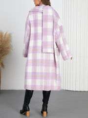 V-Neck Scarf Plaid Double-Breasted Long Coat