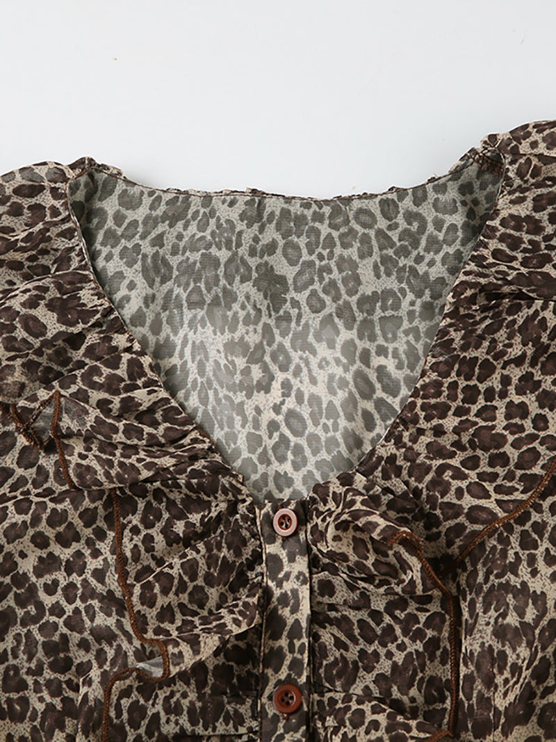 V-Neck Ruffled-Trim Leopard Print Slim-Fit Cardigan