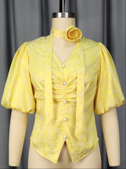 Fashion V Neck Puff Sleeve Ruched Shirt