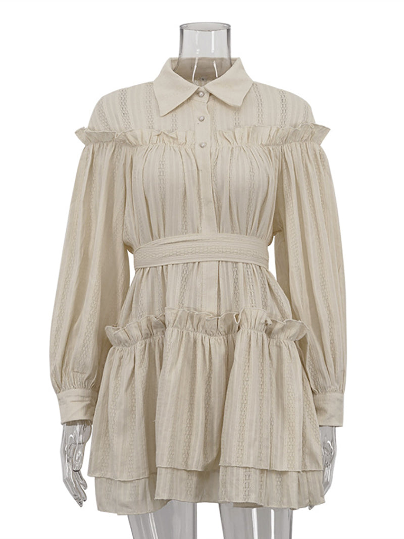 Fashion Button Up Bandage Ruffles Tiered Dress