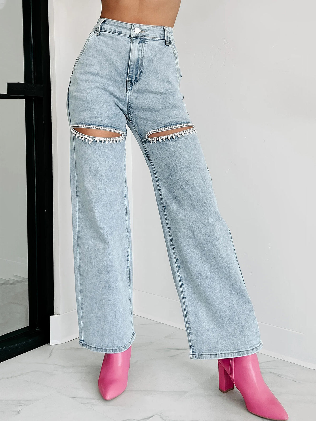 Rhinestones Hollow Out Straight Leg Jeans